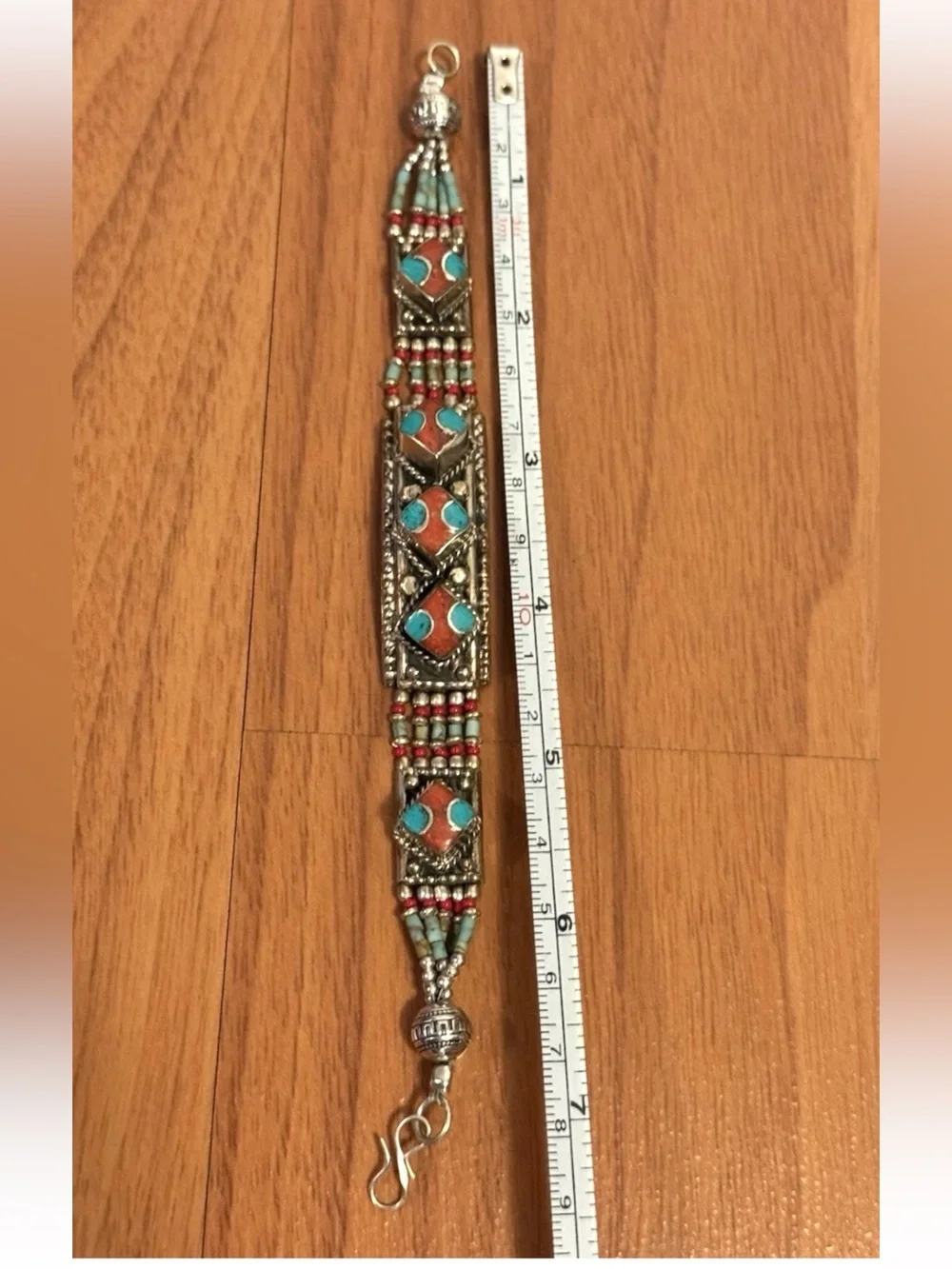 Vintage & Handcrafted Artisan Ethnic Tribal Bracelet Inlay Stones Set In Silver
